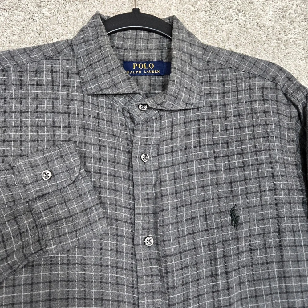 Polo Ralph Lauren Shirt Mens Medium Gray Check Plaid L/S lightweight soft cotton
